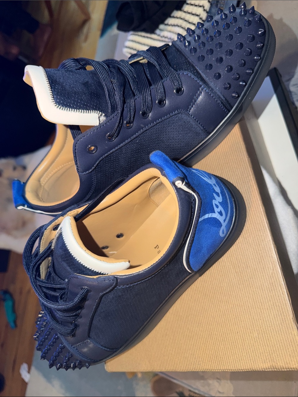 Men's CL Navy Spike-Embellished Low-Top Sneakers